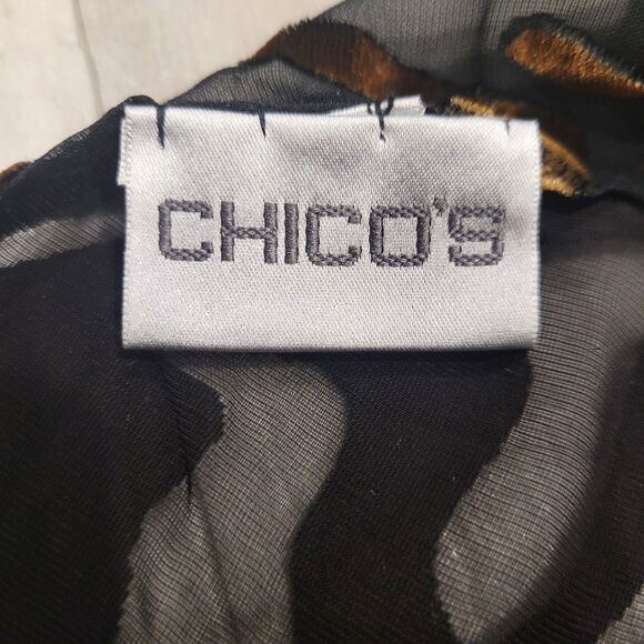 Chico's Silk Rayon Sheer Scarf 13” x 63” Gold Velvet Black Net Fringe Elegant - Picture 4 of 7